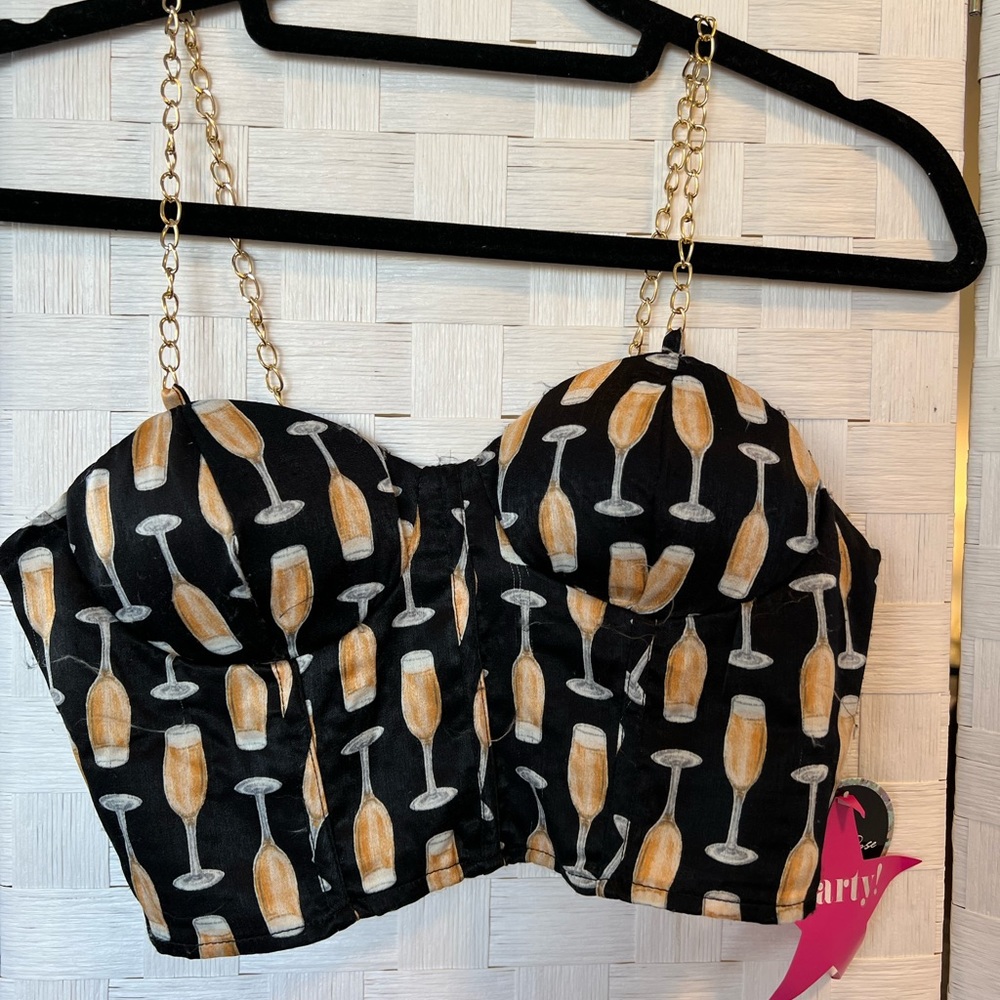 NWT Black and Gold Champagne Top with Chain Straps